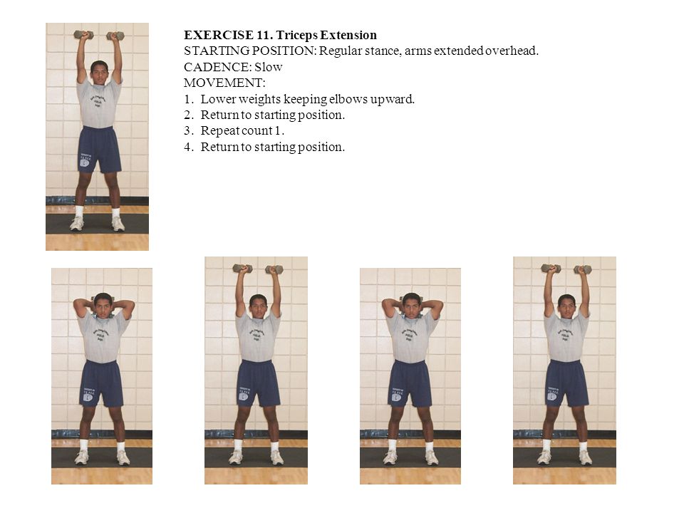 EXERCISE 11. Triceps Extension STARTING POSITION: Regular stance, arms extended overhead.