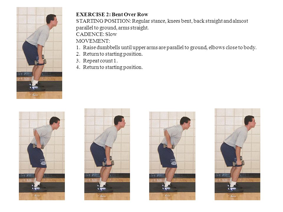 EXERCISE 2: Bent Over Row STARTING POSITION: Regular stance, knees bent, back straight and almost parallel to ground, arms straight.