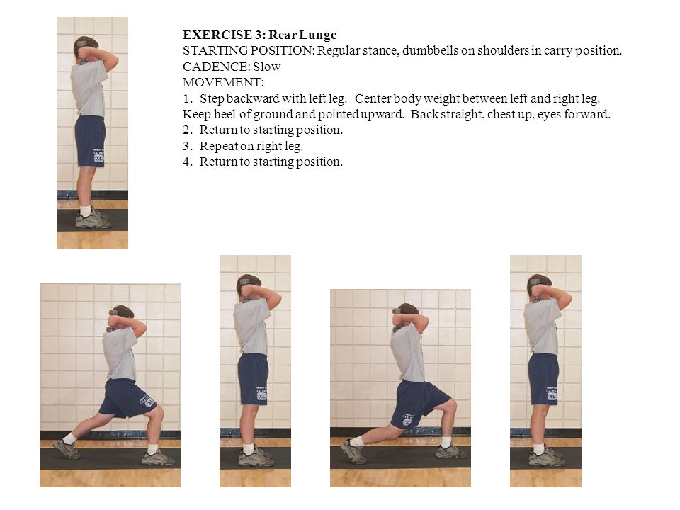 EXERCISE 3: Rear Lunge STARTING POSITION: Regular stance, dumbbells on shoulders in carry position.