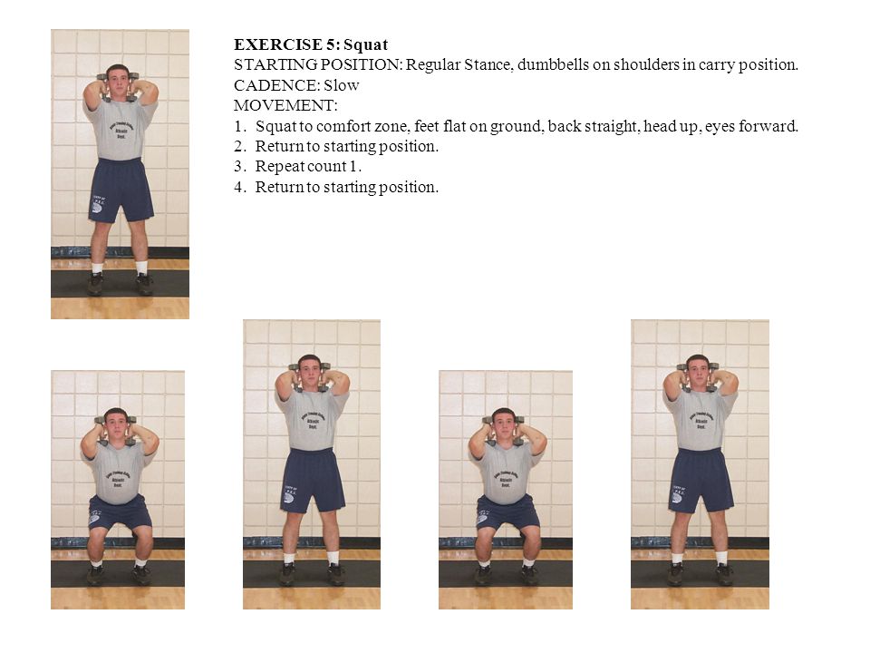 EXERCISE 5: Squat STARTING POSITION: Regular Stance, dumbbells on shoulders in carry position.