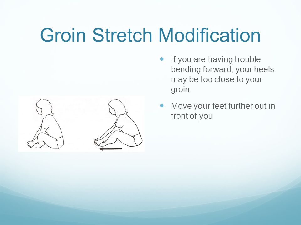 Groin Stretch Modification If you are having trouble bending forward, your heels may be too close to your groin Move your feet further out in front of you