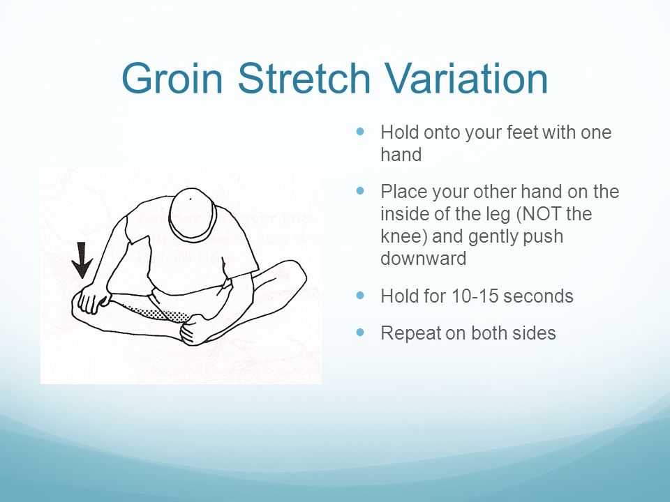 Groin Stretch Variation Hold onto your feet with one hand Place your other hand on the inside of the leg (NOT the knee) and gently push downward Hold for seconds Repeat on both sides