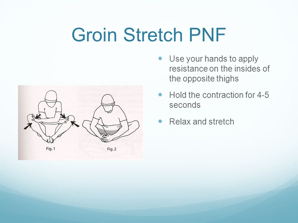 Groin Stretch PNF Use your hands to apply resistance on the insides of the opposite thighs Hold the contraction for 4-5 seconds Relax and stretch