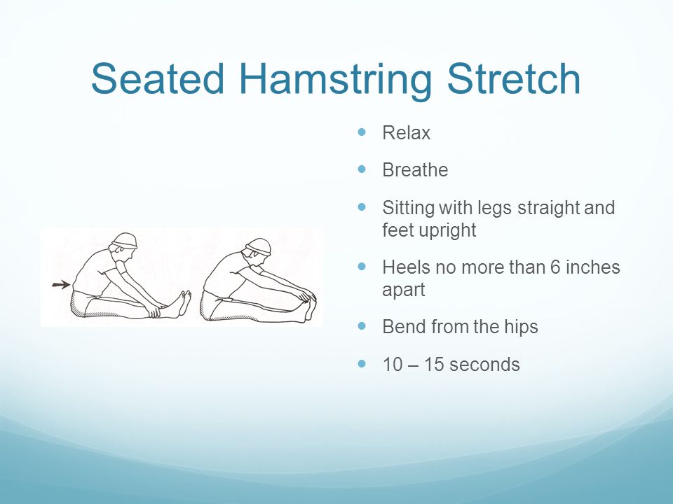 Seated Hamstring Stretch Relax Breathe Sitting with legs straight and feet upright Heels no more than 6 inches apart Bend from the hips 10 – 15 seconds