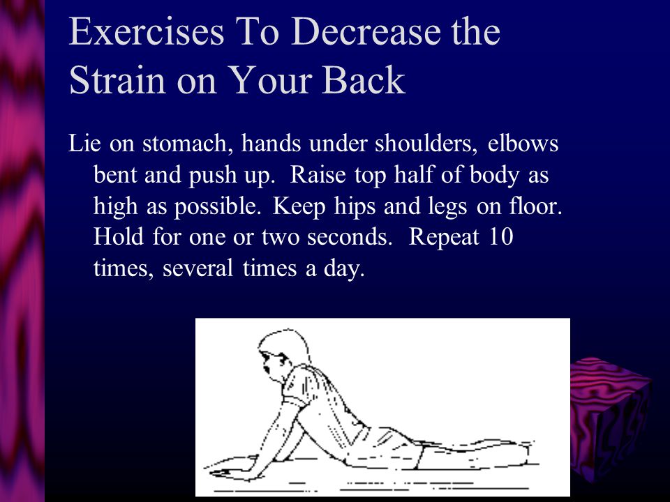 Exercises To Decrease the Strain on Your Back Lie on back, knees bent, feet flat on floor.