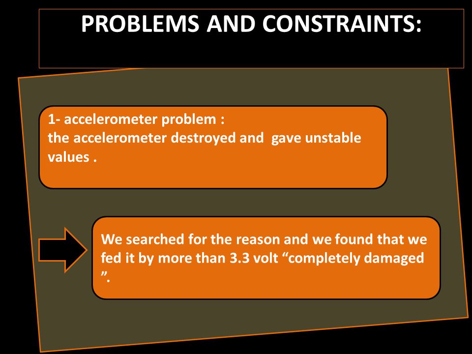 PROBLEMS AND CONSTRAINTS: 1- accelerometer problem : the accelerometer destroyed and gave unstable values.