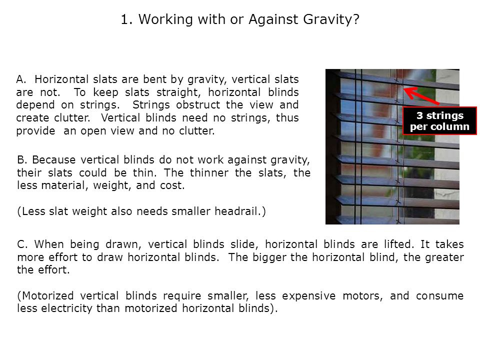 A. Horizontal slats are bent by gravity, vertical slats are not.