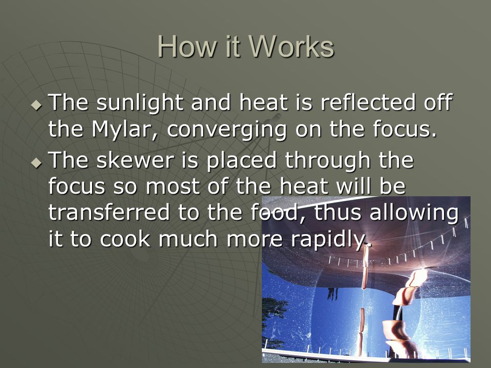 How it Works  The sunlight and heat is reflected off the Mylar, converging on the focus.
