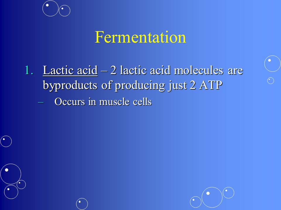 Fermentation 1.Lactic acid – 2 lactic acid molecules are byproducts of producing just 2 ATP –Occurs in muscle cells