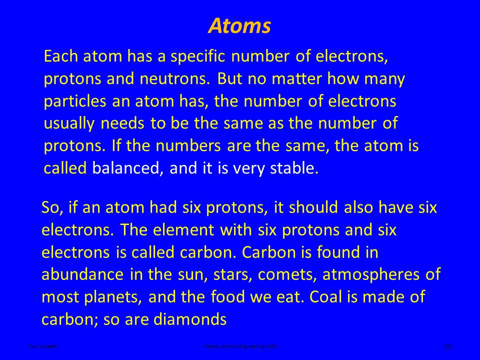 Atoms Ken YoussefiIntroduction to Engineering – E10 10 Each atom has a specific number of electrons, protons and neutrons.
