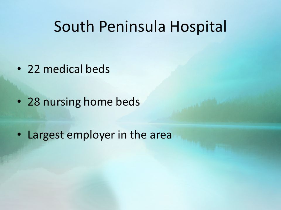 South Peninsula Hospital 22 medical beds 28 nursing home beds Largest employer in the area