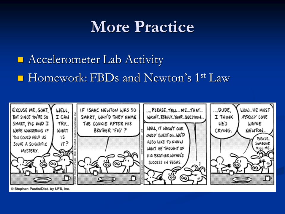More Practice Accelerometer Lab Activity Accelerometer Lab Activity Homework: FBDs and Newton’s 1 st Law Homework: FBDs and Newton’s 1 st Law