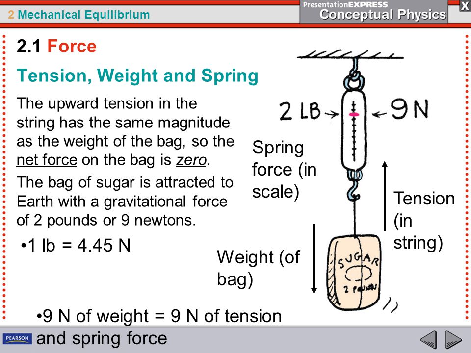 2 Mechanical Equilibrium Tension, Weight and Spring The upward tension in the string has the same magnitude as the weight of the bag, so the net force on the bag is zero.