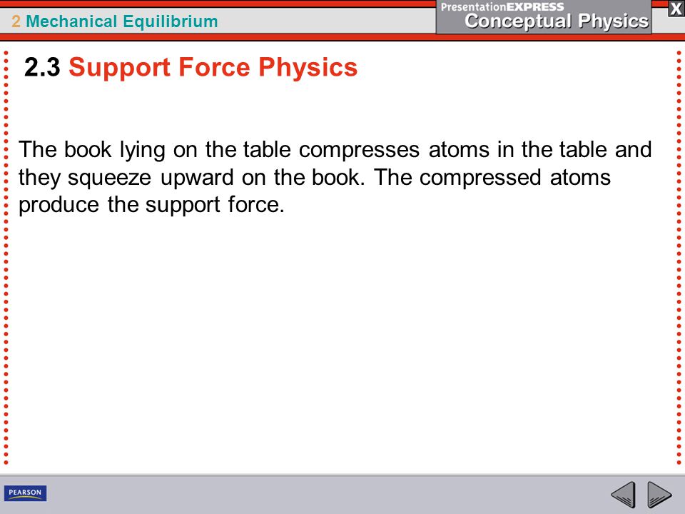 2 Mechanical Equilibrium 2.3 Support Force Physics The book lying on the table compresses atoms in the table and they squeeze upward on the book.