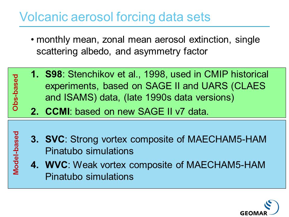 monthly mean, zonal mean aerosol extinction, single scattering albedo, and asymmetry factor 1.S98: Stenchikov et al., 1998, used in CMIP historical experiments, based on SAGE II and UARS (CLAES and ISAMS) data, (late 1990s data versions) 2.CCMI: based on new SAGE II v7 data.