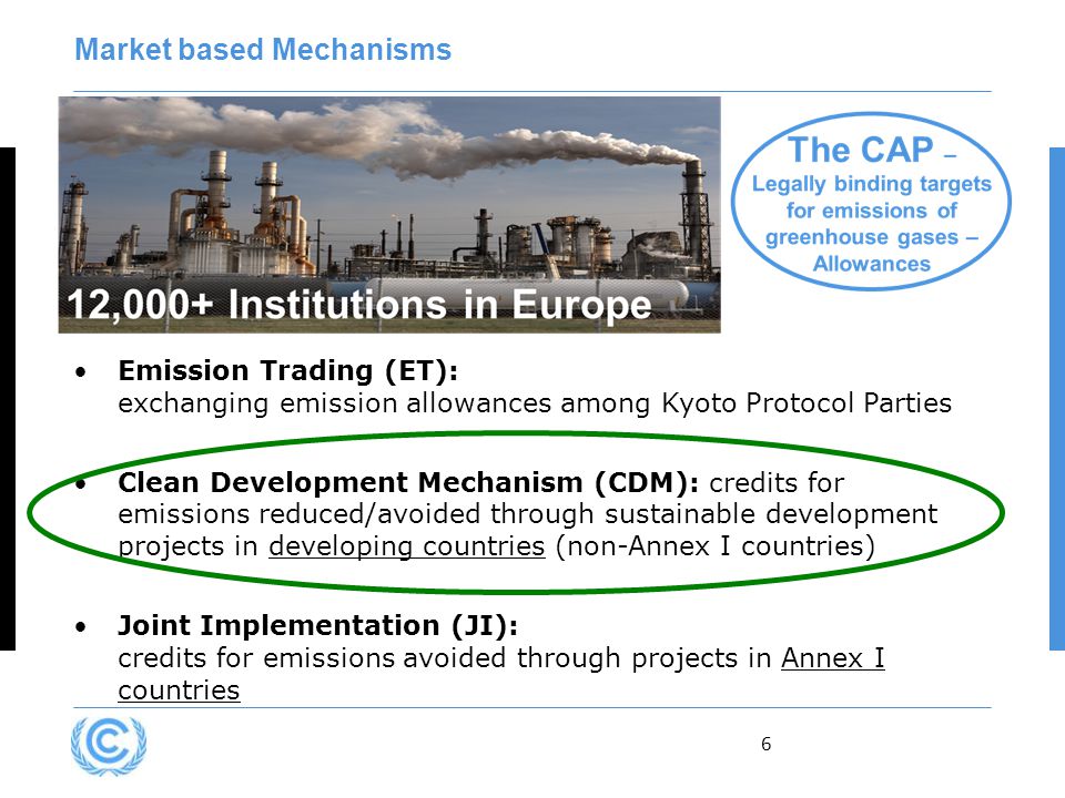 6 Emission Trading (ET): exchanging emission allowances among Kyoto Protocol Parties Clean Development Mechanism (CDM): credits for emissions reduced/avoided through sustainable development projects in developing countries (non-Annex I countries) Joint Implementation (JI): credits for emissions avoided through projects in Annex I countries Market based Mechanisms
