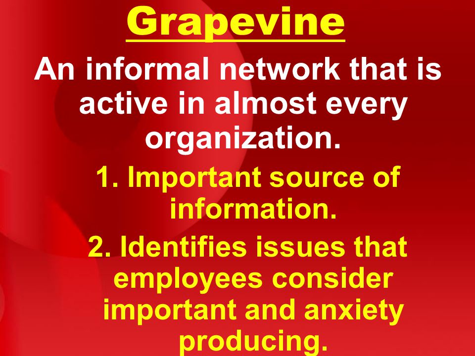 Grapevine An informal network that is active in almost every organization.
