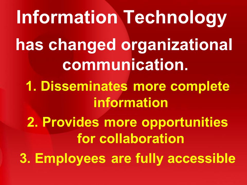 Information Technology has changed organizational communication.