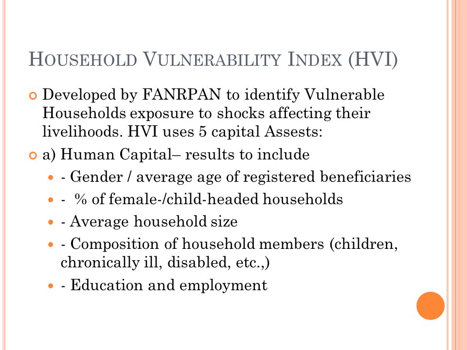 H OUSEHOLD V ULNERABILITY I NDEX (HVI) Developed by FANRPAN to identify Vulnerable Households exposure to shocks affecting their livelihoods.
