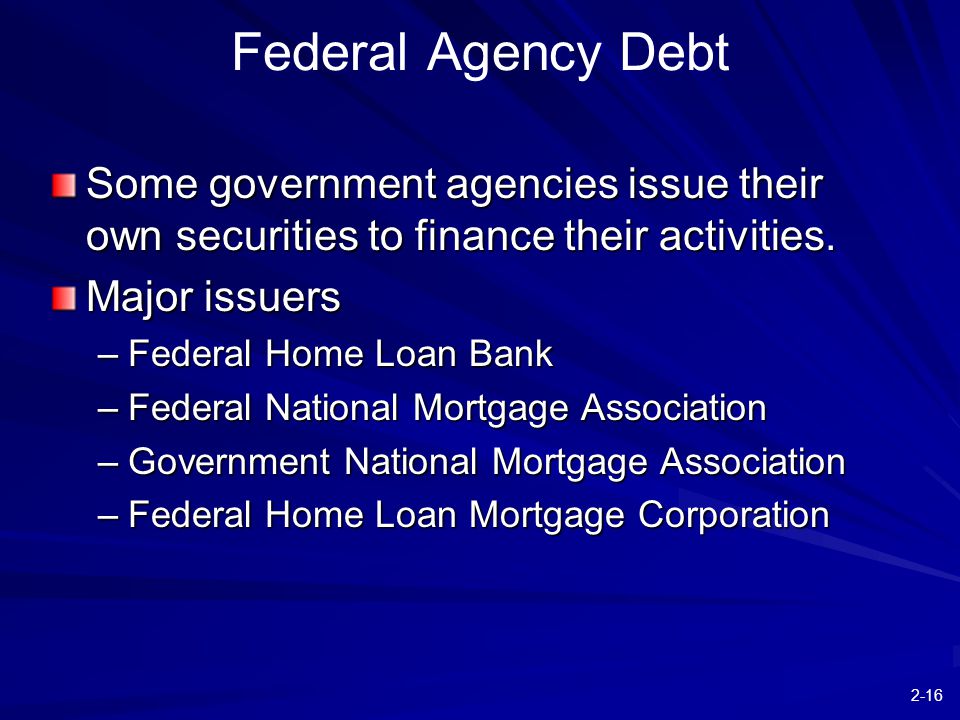 2-16 Federal Agency Debt Some government agencies issue their own securities to finance their activities.