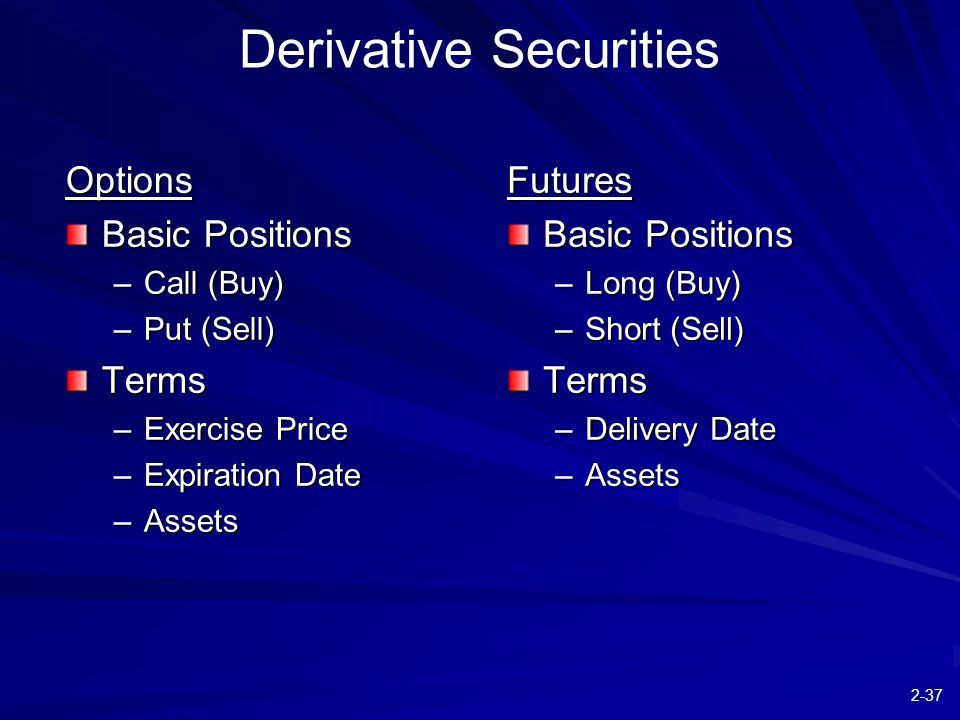 2-37 Derivative Securities Options Basic Positions –Call (Buy) –Put (Sell) Terms –Exercise Price –Expiration Date –Assets Futures Basic Positions –Long (Buy) –Short (Sell) Terms –Delivery Date –Assets