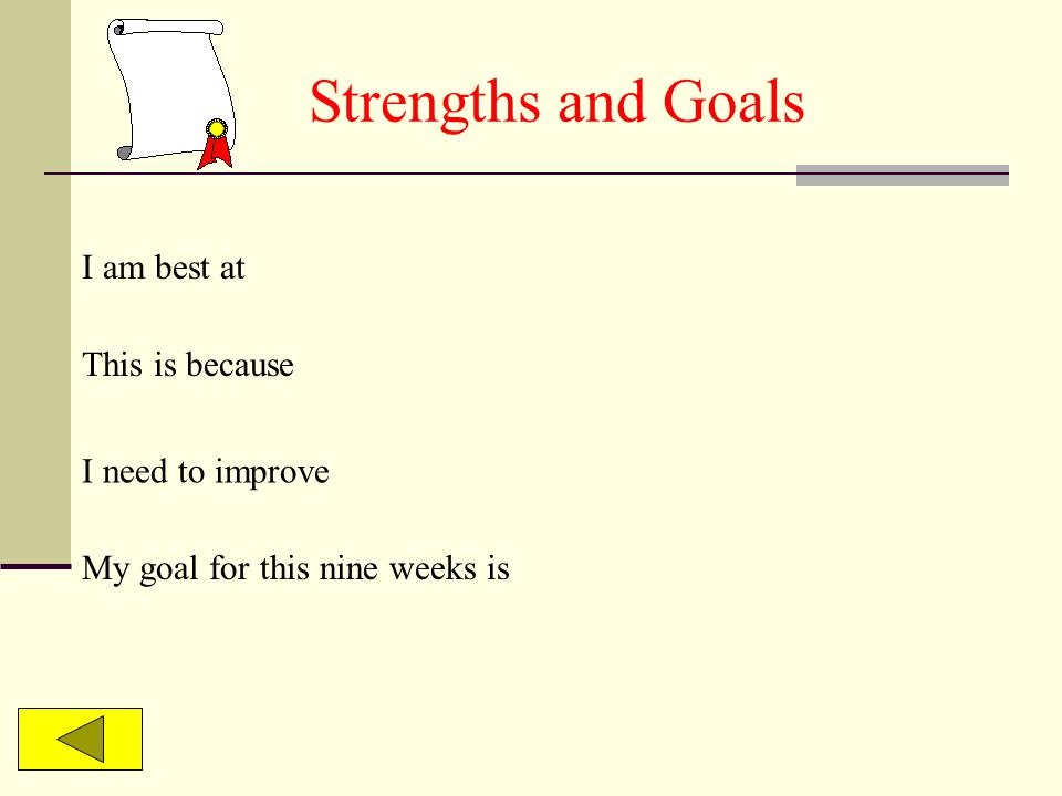 Strengths and Goals I am best at I need to improve This is because My goal for this nine weeks is