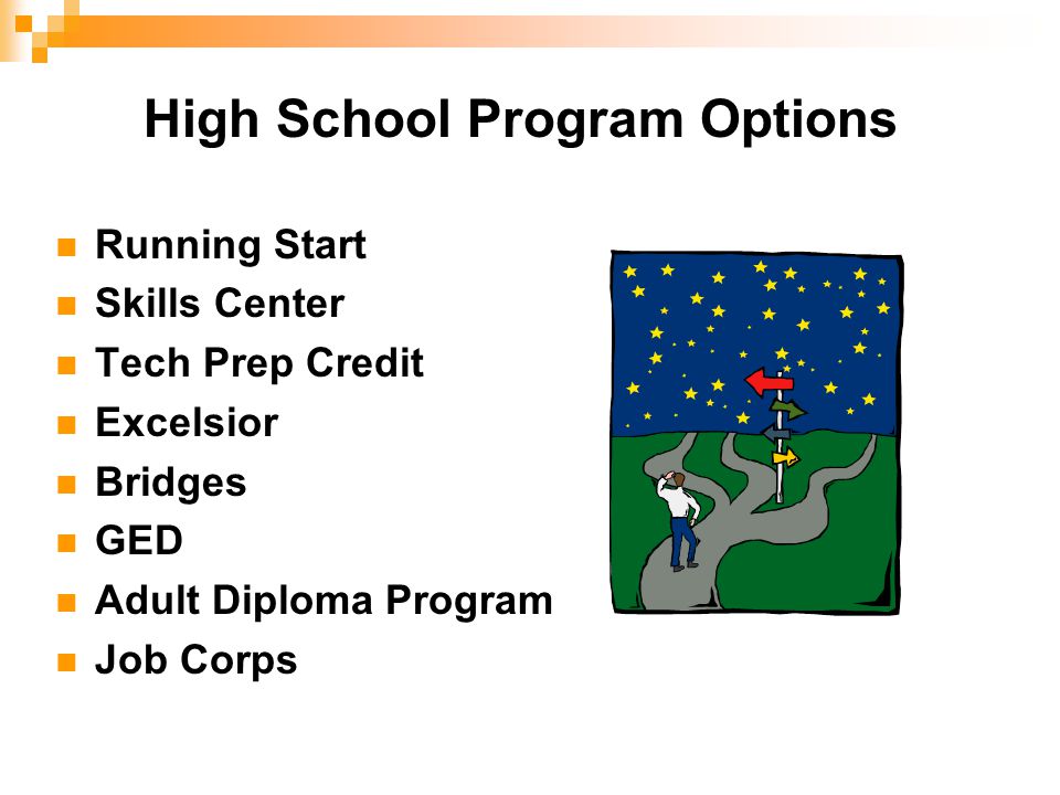 High School Program Options Running Start Skills Center Tech Prep Credit Excelsior Bridges GED Adult Diploma Program Job Corps