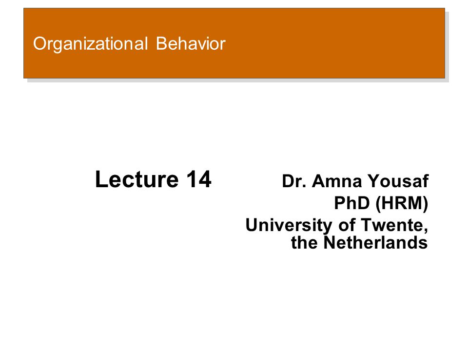 Organizational Behavior Lecture 14 Dr. Amna Yousaf PhD (HRM) University of Twente, the Netherlands