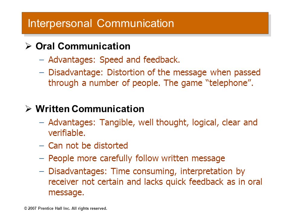 Interpersonal Communication  Oral Communication –Advantages: Speed and feedback.