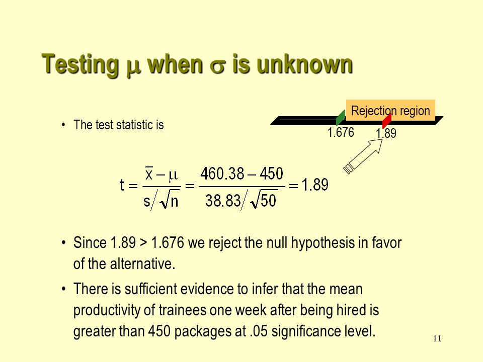 11 The test statistic is Since 1.89 > we reject the null hypothesis in favor of the alternative.