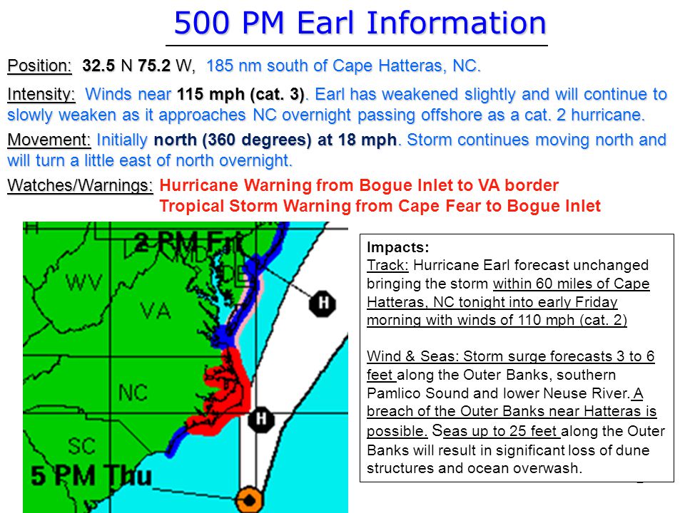 500 PM Earl Information Position:32.5 N 75.2 W, 185 nm south of Cape Hatteras, NC.