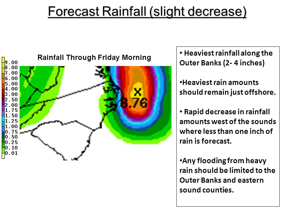Forecast Rainfall (slight decrease) Rainfall Through Friday Morning Heaviest rainfall along the Outer Banks (2- 4 inches) Heaviest rain amounts should remain just offshore.