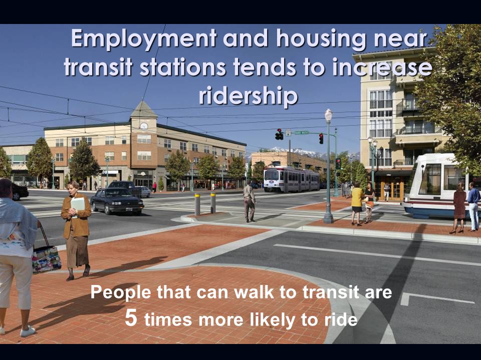 People that can walk to transit are 5 times more likely to ride Employment and housing near transit stations tends to increase ridership
