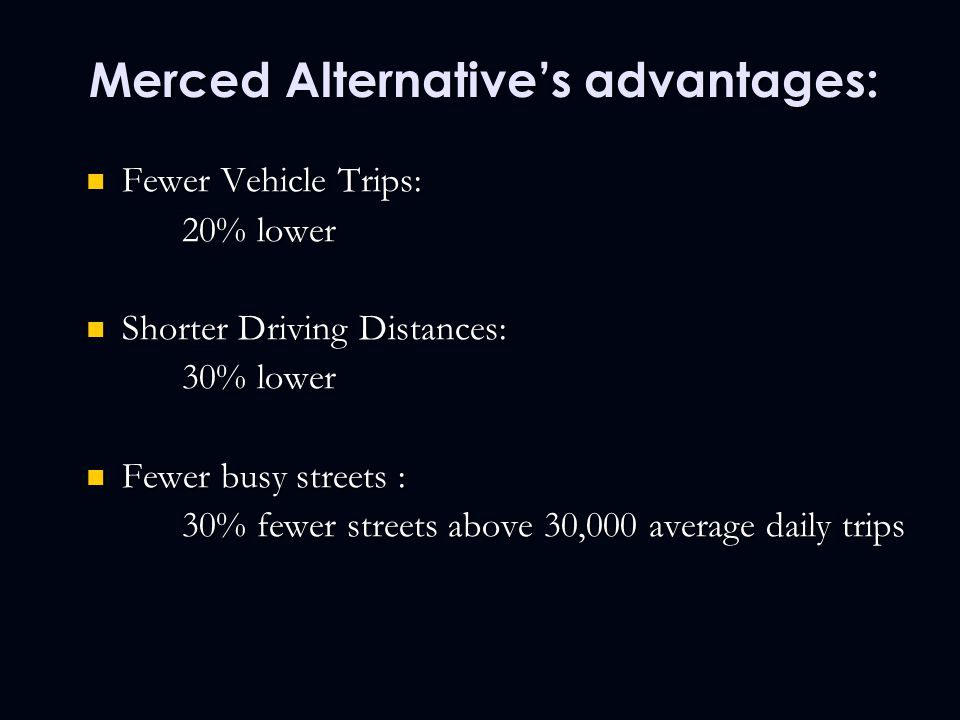 Merced Alternative’s advantages: Fewer Vehicle Trips: Fewer Vehicle Trips: 20% lower Shorter Driving Distances: Shorter Driving Distances: 30% lower Fewer busy streets : Fewer busy streets : 30% fewer streets above 30,000 average daily trips