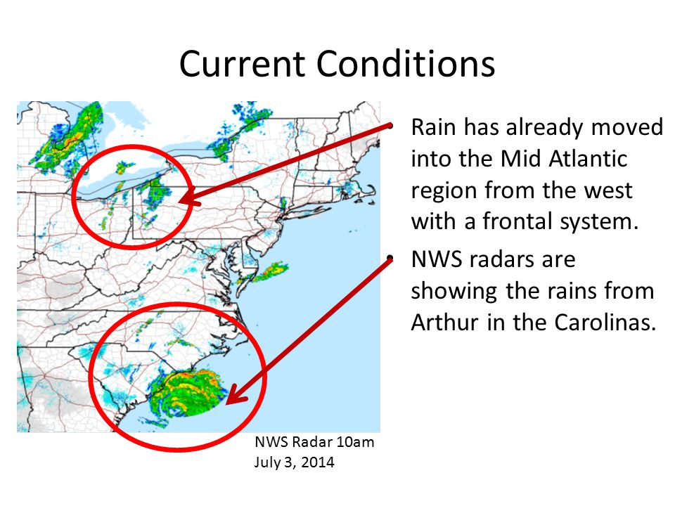 Current Conditions Rain has already moved into the Mid Atlantic region from the west with a frontal system.