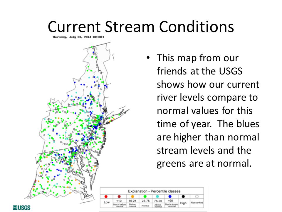 Current Stream Conditions This map from our friends at the USGS shows how our current river levels compare to normal values for this time of year.