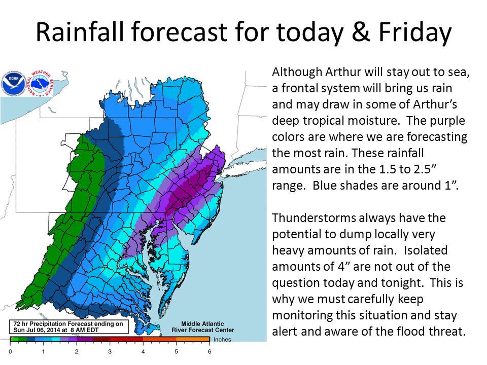 Rainfall forecast for today & Friday Although Arthur will stay out to sea, a frontal system will bring us rain and may draw in some of Arthur’s deep tropical moisture.