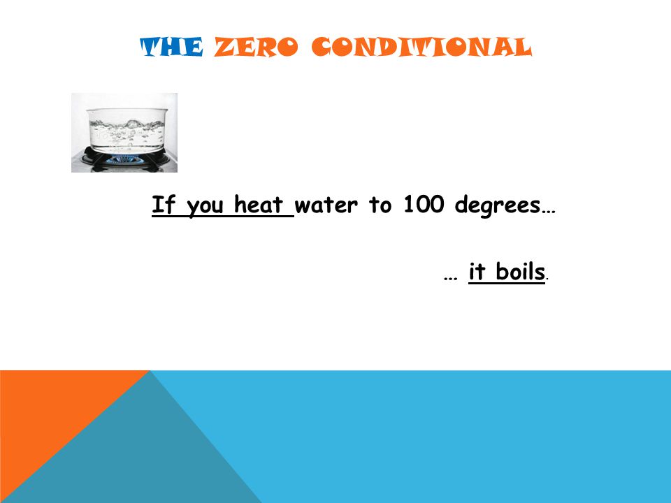 THE ZERO CONDITIONAL If you heat water to 100 degrees… … it boils.