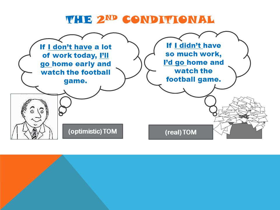 THE 2 ND CONDITIONAL If I didn’t have so much work, I’d go home and watch the football game.