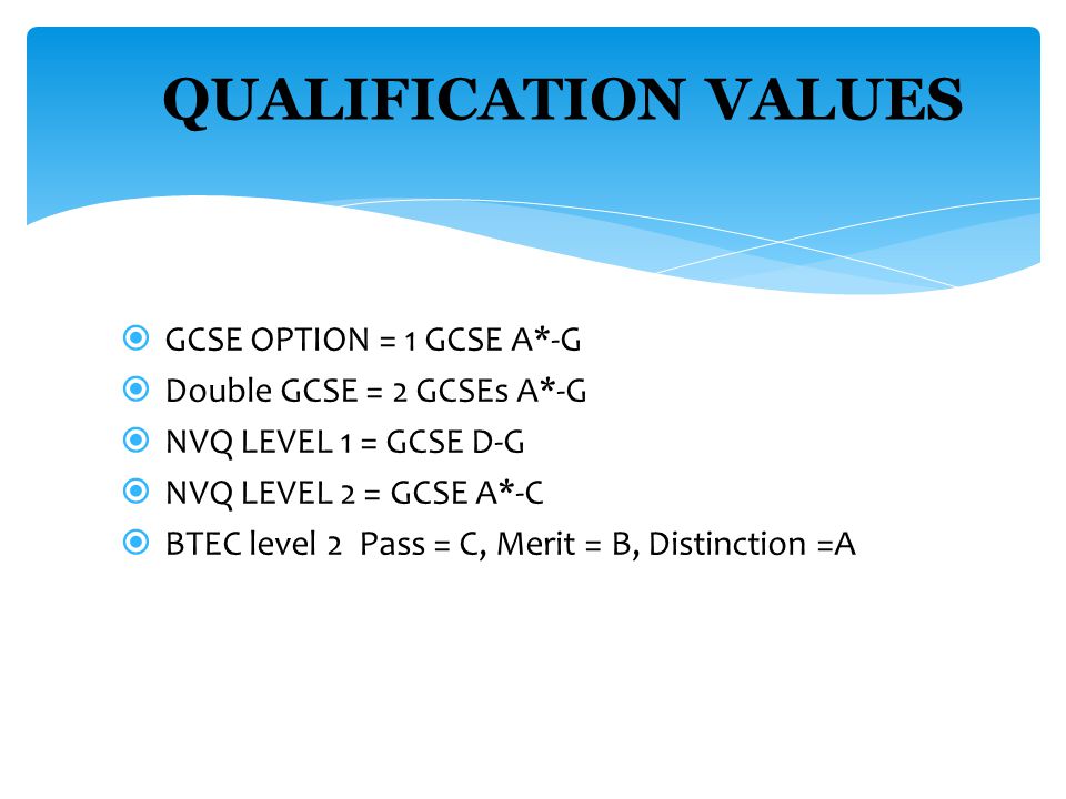  GCSE OPTION = 1 GCSE A*-G  Double GCSE = 2 GCSEs A*-G  NVQ LEVEL 1 = GCSE D-G  NVQ LEVEL 2 = GCSE A*-C  BTEC level 2 Pass = C, Merit = B, Distinction =A QUALIFICATION VALUES