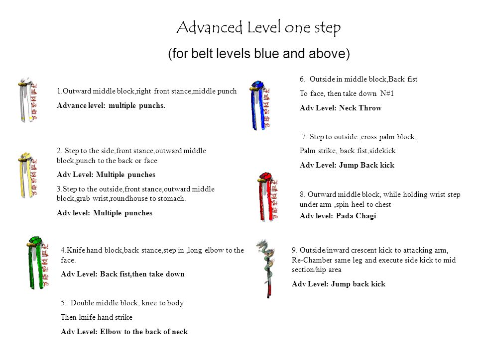 Advanced Level one step (for belt levels blue and above) 1.Outward middle block,right front stance,middle punch Advance level: multiple punchs.