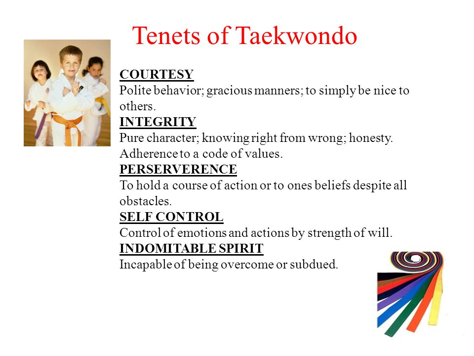 Tenets of Taekwondo COURTESY Polite behavior; gracious manners; to simply be nice to others.