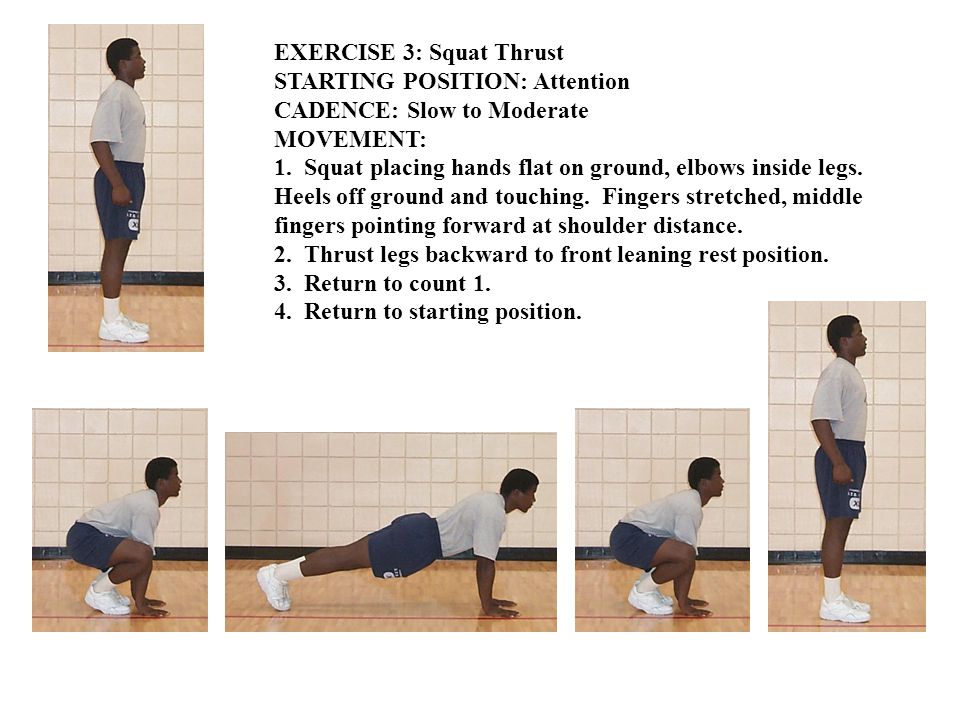 EXERCISE 3: Squat Thrust STARTING POSITION: Attention CADENCE: Slow to Moderate MOVEMENT: 1.