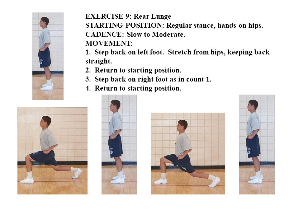 EXERCISE 9: Rear Lunge STARTING POSITION: Regular stance, hands on hips.