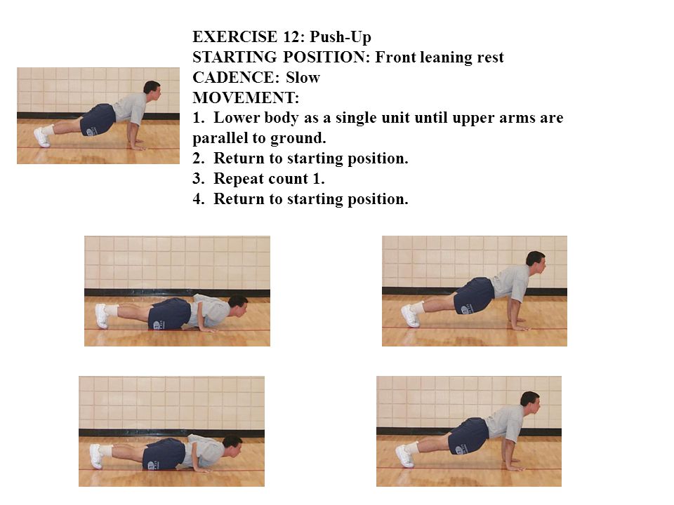 EXERCISE 12: Push-Up STARTING POSITION: Front leaning rest CADENCE: Slow MOVEMENT: 1.