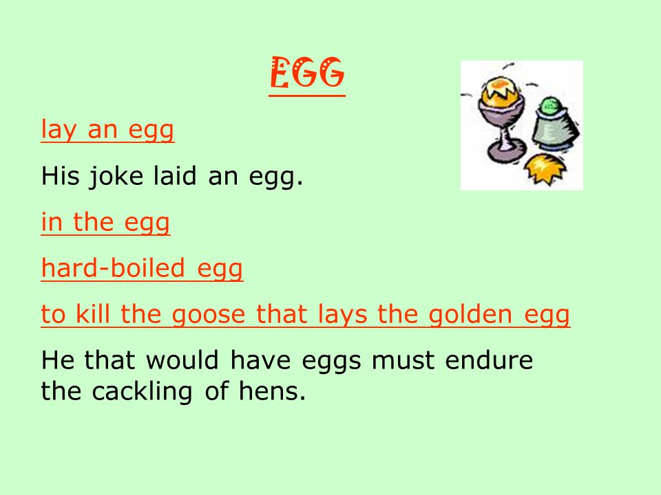EGG lay an egg His joke laid an egg.