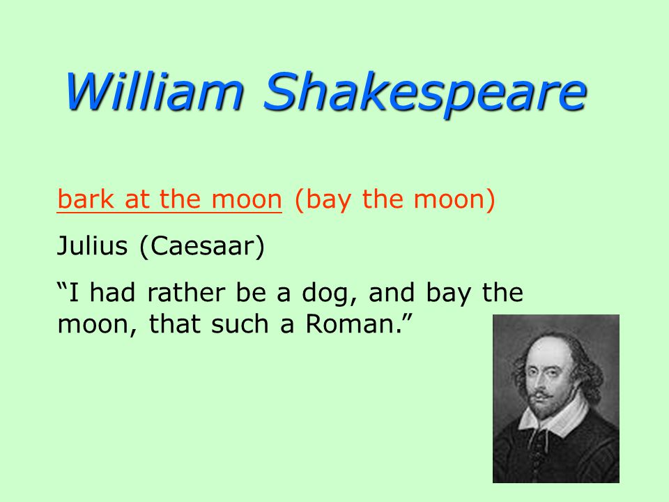 William Shakespeare bark at the moon (bay the moon) Julius (Caesaar) I had rather be a dog, and bay the moon, that such a Roman.