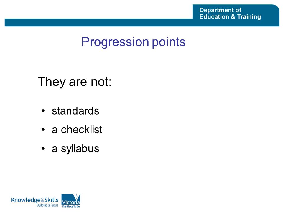 Progression points They are not: standards a checklist a syllabus