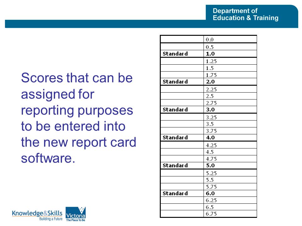 Scores that can be assigned for reporting purposes to be entered into the new report card software.