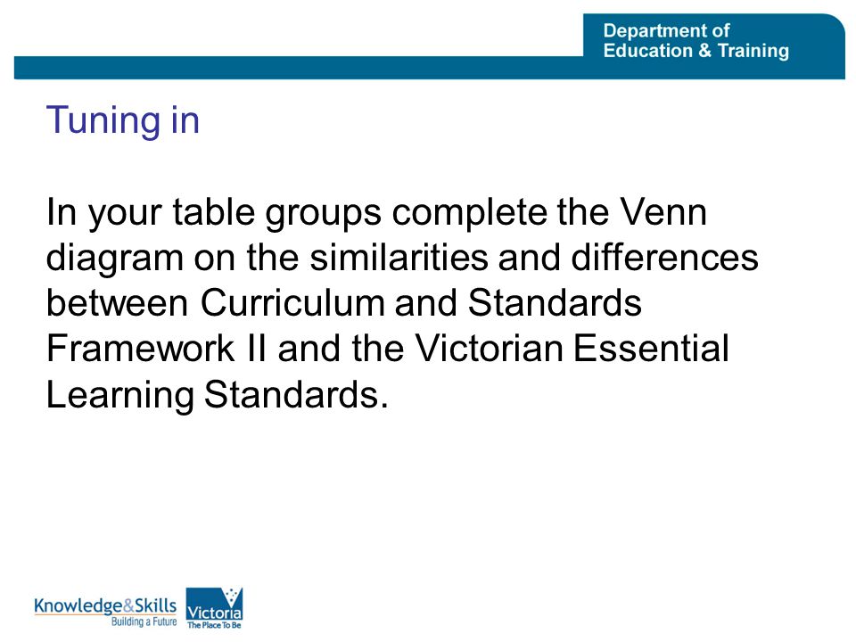 Tuning in In your table groups complete the Venn diagram on the similarities and differences between Curriculum and Standards Framework II and the Victorian Essential Learning Standards.